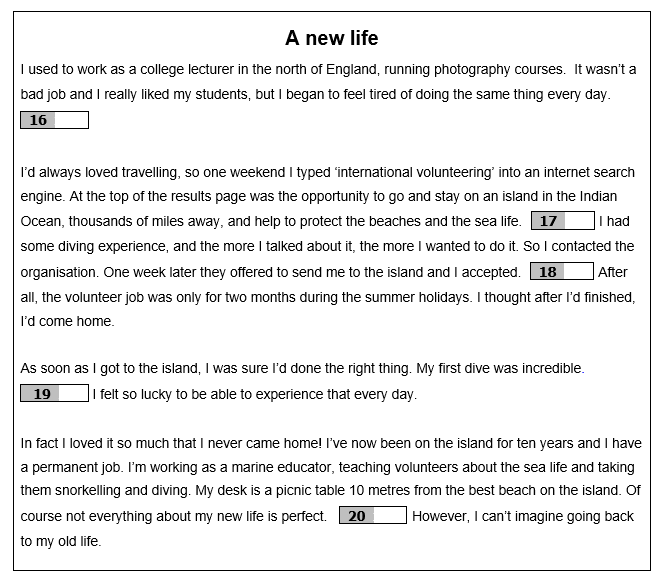 Ejemplo nueva tarea Cambio de Examen B1 Cambridge PET (Preliminary). Ejemplo de la Parte 4 de un texto con los espacios en blanco para rellenar