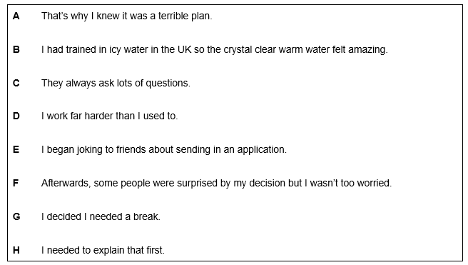 Ejemplo de Cambio del Examen Pet de Cambridge con nueva prueba de compresión. Ejemplo de la Parte 4. Frases a colocar en los espacios en blanco de la anterior texto.
